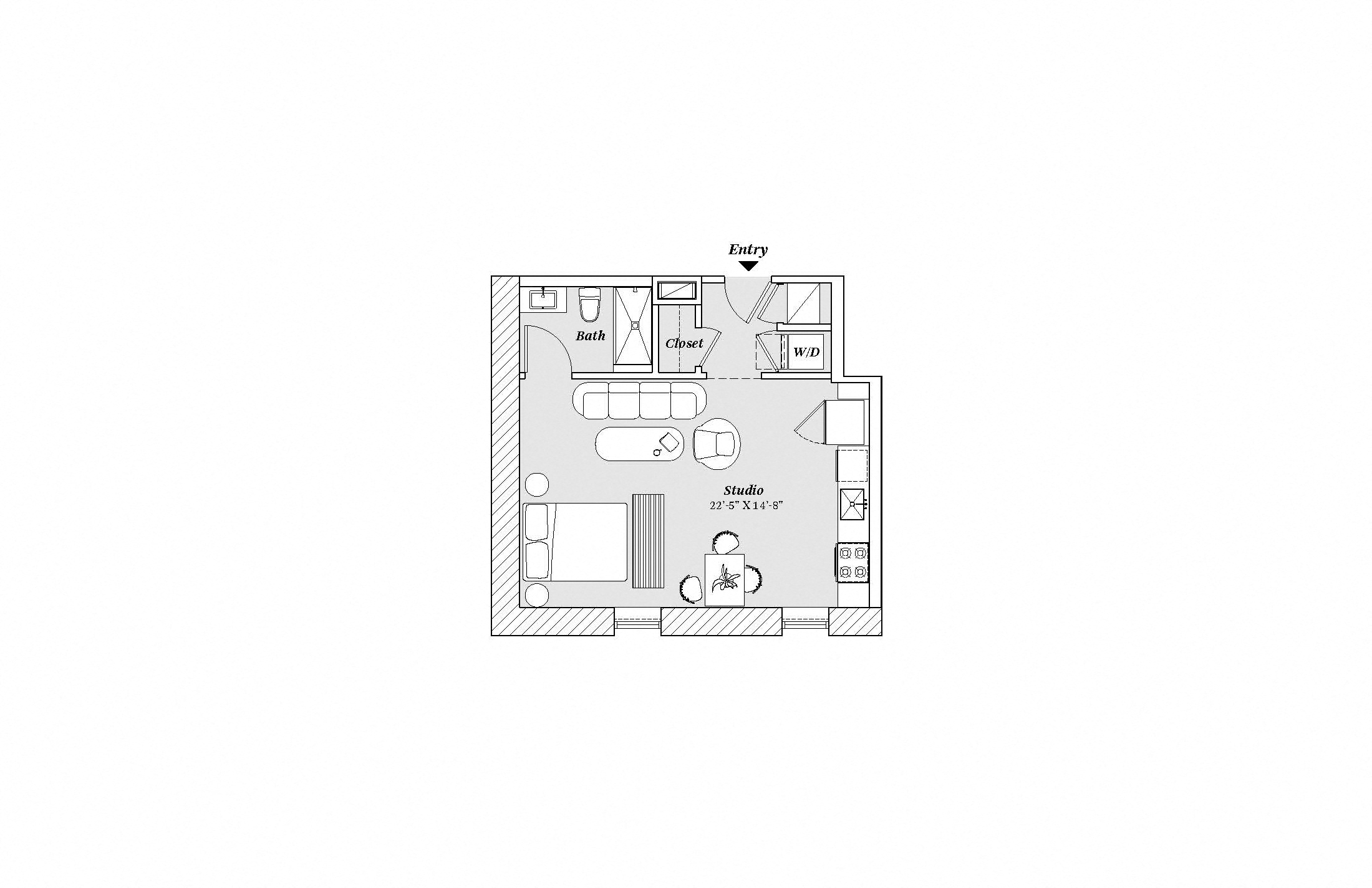 Floor plan for studio, 1 bath, 580 sqft